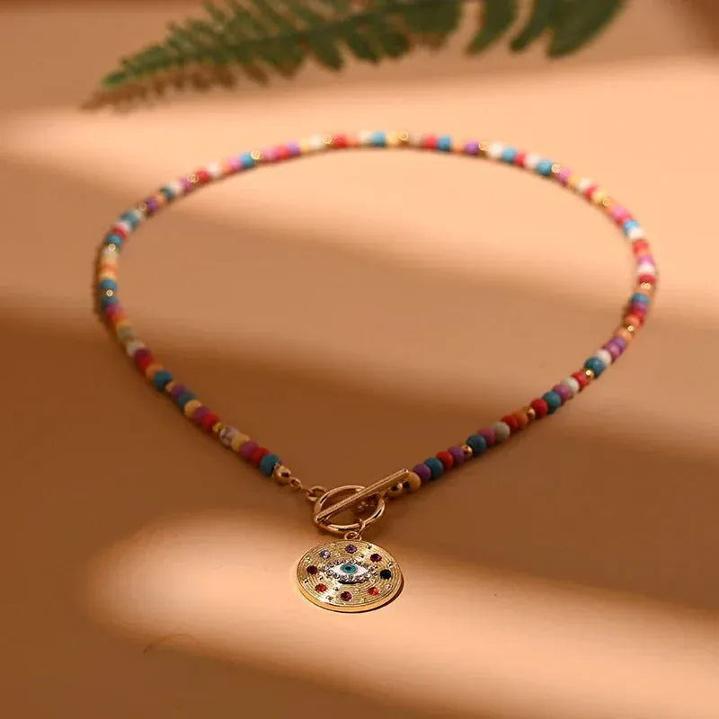 Colorful Stone Evil Eye Choker Necklace styled with casual outfit