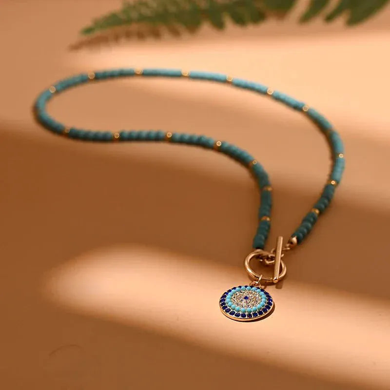 Colorful Stone Evil Eye Choker Necklace with natural background