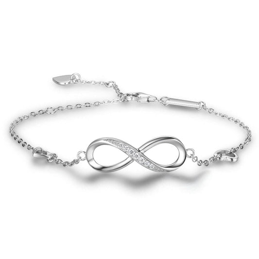 Infinite Love Silver Bracelet on white background, sterling silver jewelry