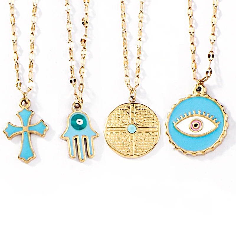 Blue evil eye cross pendant necklace for women gold plated jewelry