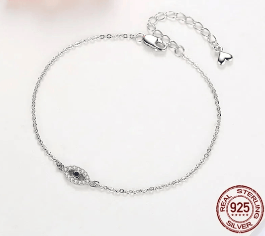 Sterling Silver 925 Evil Eye Bracelet on white background, protection jewelry