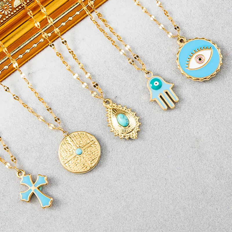 Protective evil eye necklace gold plated chain choker style jewelry