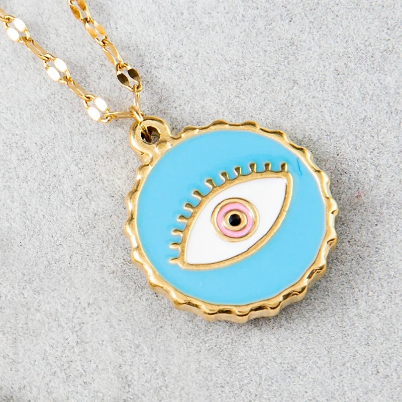 Women wearing evil eye cross pendant necklace layered chains look